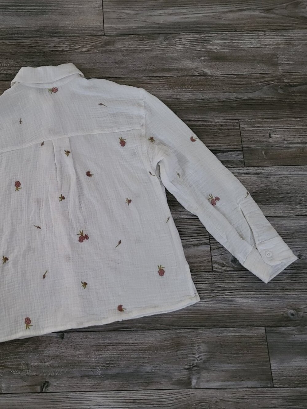 Embroidered White Double Gauze Cotton Button Down Shirt - Picture 9 of 11